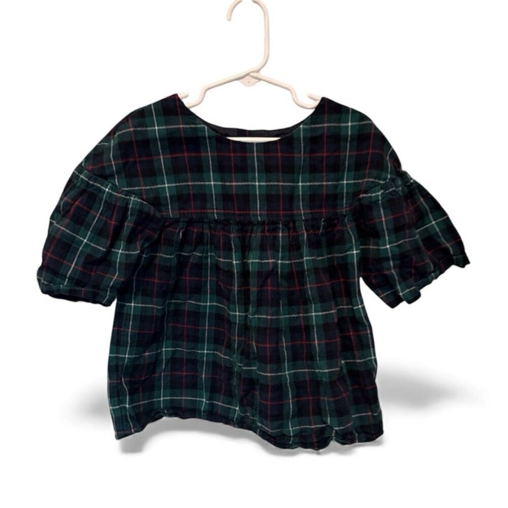 Crewcuts Top Girls Size 8 Navy Green Red Tartan Plaid Short Sleeve Holiday